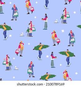 Seamless vector pattern of people enjoying winter and christmas time, wearing warm clothes, buying presents and tree. 