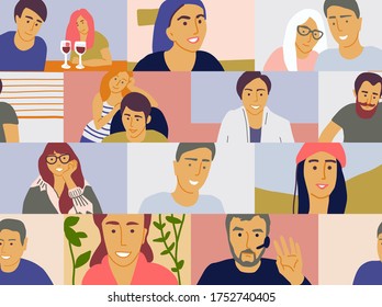 Seamless vector pattern of people on computer screen taking. Online meeting concept illustration. Web conference with friends.