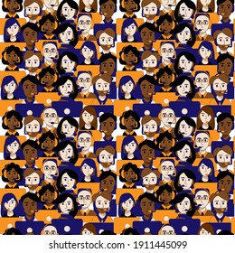 Seamless vector pattern of people-call center operators of different nationalities. Crowd of people for laptops seamless background. 