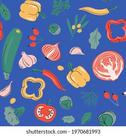 Seamless vector pattern with pepper, broccoli, onion, buckthorn, garlic, cabbage, zucchini and other. Vitamin C sources, healthy food, vegetables and berries collection on blue background.