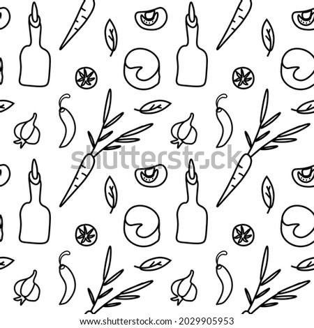 Seamless vector pattern with pepper,garlic,basil,butter,cheese,tomatoes with black hand drawn line.Repeating ornament cooking in doodle style on white background.Designs for textiles,packaging,fabric.