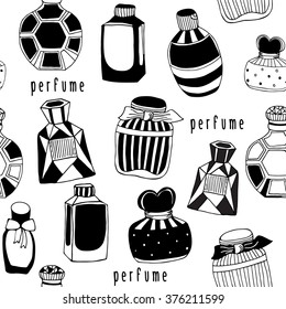 Seamless vector pattern with perfume bottles. Vintage perfume bottles on white. Hand drawn texture
