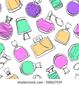 Seamless vector pattern with perfume. Colorful linear hand drawn bottles. Sketch.  Beauty vintage glass.
