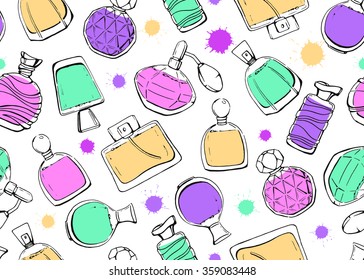 Seamless vector pattern with perfume. Colorful linear hand drawn bottles. Sketch.  Beauty vintage glass.
