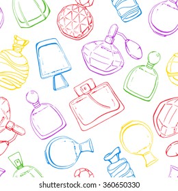 Seamless vector pattern with perfume. Colorful linear hand drawn bottles. Sketch. Beauty vintage glass. 