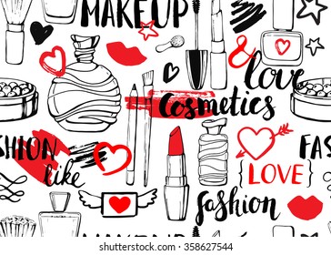 Seamless vector pattern with perfume and cosmetics. Colorful linear hand drawn illustration. Sketch. Accessories for woman. Beauty. Lettering. Ink. Calligraphy. 