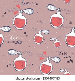 Seamless vector pattern with perfume. hand drawn bottles. Sketch. Beauty vintage glass. pink Vector illustration. for textile, web design, surface textures, print, wrapping paper. for women's day
