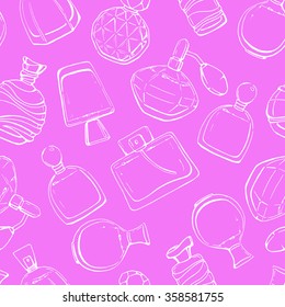 Seamless vector pattern with perfume. Pink linear hand drawn bottles. Sketch.  Beauty vintage glass.
