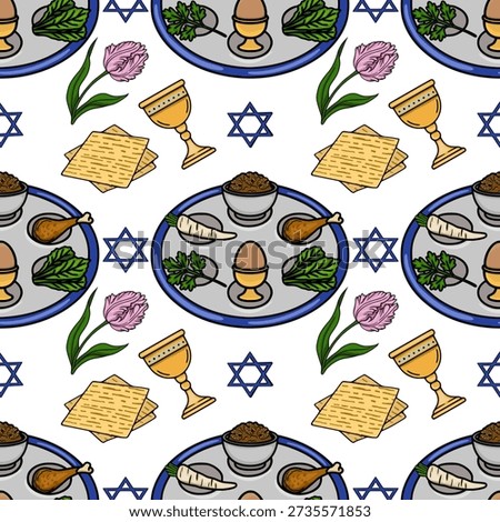 Seamless vector pattern of Pesach Seder plate elements, matzah, and tulips