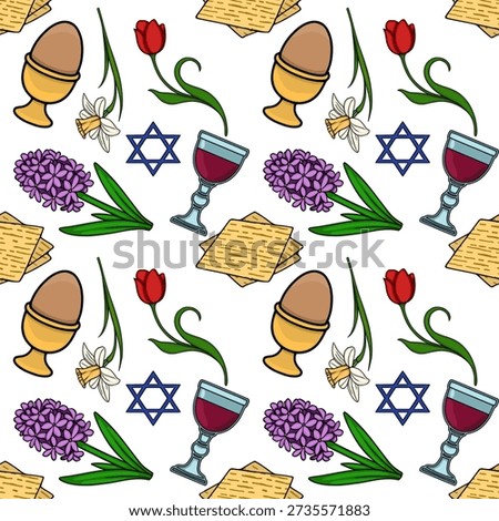 Seamless vector pattern with Pesach symbols, matzah, wine, eggs, tulips, hyacinths, and Star of David