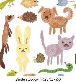 Seamless vector pattern with pets, cute childern illustration, background perfect for kids. Bird, hamster, mouse, hedgehog, dog, ferret, rabbit, cat, snail, snake