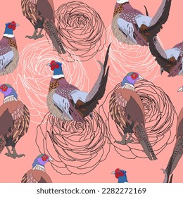 Seamless vector pattern with pheasants and abstract roses