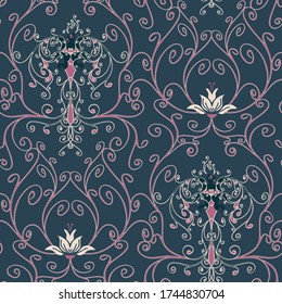 Seamless vector pattern with phoenix and lily on dark blue background. Beautiful curved lines floral wallpaper design with birds. Luxury fabric fashion.