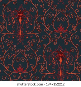 Seamless vector pattern with phoenix and lily on dark teal blue background. Beautiful mythical bird wallpaper design. Luxury fabric fashion.