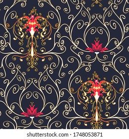 Seamless vector pattern with phoenix   on blue background. Beautiful floral vintage wallpaper design with fire bird and lotus flower. Curved lines luxury fashion textile.