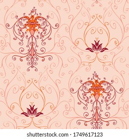 Seamless vector pattern with phoenix on light pink background. Beautiful romantic vintage wallpaper design with birds. Floral Victorian style fabric fashion.