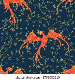 Seamless vector pattern with phoenix on blue background. Majestic fire bird wallpaper design with curved lines. Mythical creature fashion textile.