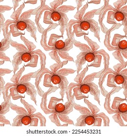 Seamless vector pattern with physalis. Watercolor background. EPS10