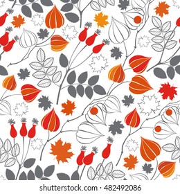 Seamless vector pattern with physalis,dogrose berries and maple leaves. Autumn background.
