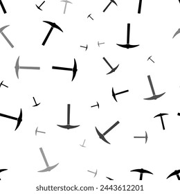 Seamless vector pattern with pickaxe symbols, creating a creative monochrome background with rotated elements. Vector illustration on white background