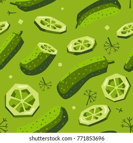 Seamless Vector Pattern Pickles And Dill. Whole Cucumber With Slices, Fun For Kitchen, Food And Children Products