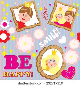 Seamless vector pattern with a picture in scrapbooking style prince and princess in the frames, flowers, hearts and inscriptions on pink blue striped background