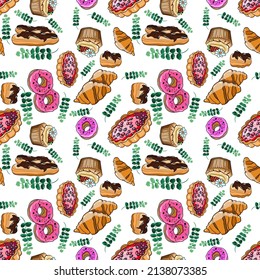 Seamless vector pattern with pie, donuts, eclairs, and croissants with branch of eucalyptus 