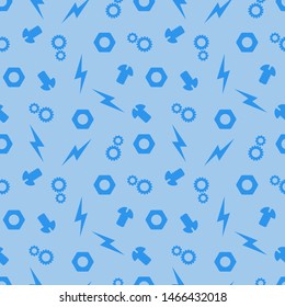 Seamless vector pattern pieces, nuts, screws, gears, lightning dark blue on a blue background, randomly located for boys mechanisms