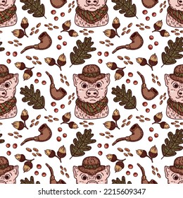 Seamless vector pattern with a pig in a hat and scarf, a smoking pipe, acorns, oak leaves, nuts and berries. Cozy autumn digital illustration for wrapping paper, fabrics, design, and more.