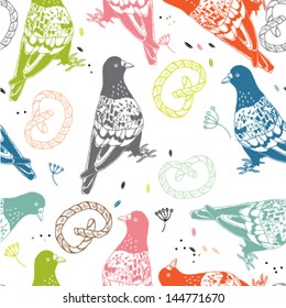 Seamless vector pattern with pigeons walking and eating pretzels and crumbs on street.