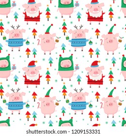 Seamless vector pattern with Pigs in Christmas trees. Can be used for wallpaper, pattern fills, web page background, surface textures, gifts. Creative Hand Drawn textures for winter holidays.