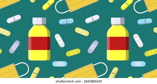Seamless vector pattern of pill bottle, colored pills and yellow medical face masks  isolated on dark background. Natural vitamin pills. Alternative medicine. Horizontal banner. vector eps10.