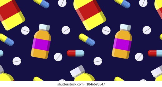 Seamless vector pattern of pill bottle, a white pills and colored capsule pills isolated on dark blue background. Natural vitamin pills. Alternative medicine. Horizontal banner. vector eps10. 
