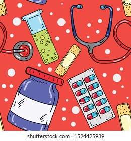 Seamless vector pattern with pills,
stethoscope, patch, potion and medicine on red background. Wallpaper, fabric and textile design. Wrapping paper pattern with medicines. Good for printing.