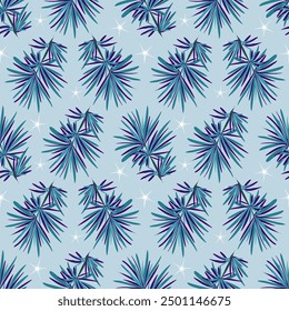 Seamless vector pattern with pine branches and stars in a hand-drawn style, in blue and turquoise colors. Pattern for textiles and packaging.
