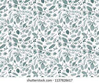 Seamless vector pattern with pine cones and conifer cones, on white background