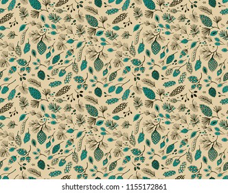 Seamless vector pattern with pine cones and conifer cones 