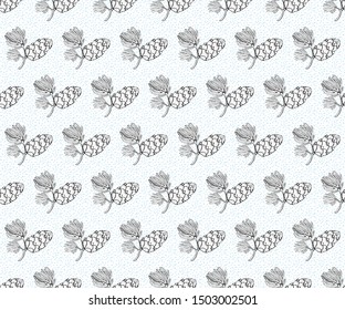 Seamless vector pattern with pine cones, conifer cones  and cedar. Hand drawn vector black and white illustration. Forest vintage style. Christmas gift wrapping.
