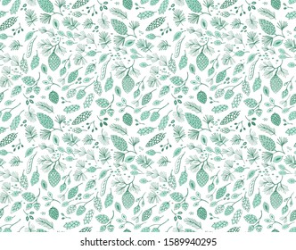 Seamless vector pattern with pine cones and conifer cones, on white background