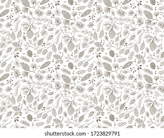 Seamless vector pattern with pine cones and conifer cones, on white background