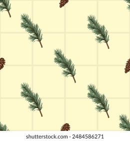 Seamless vector pattern with pine cones and fir branches on yellow background, winter holiday design