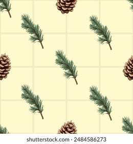 Seamless vector pattern with pine cones and fir branches on yellow background, winter holiday design
