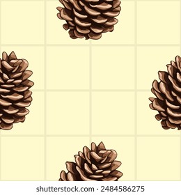 Seamless vector pattern with pine cones and fir branches on yellow background, winter holiday design
