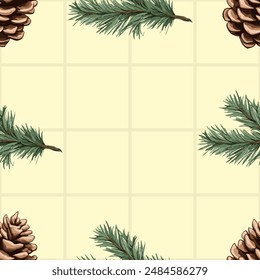 Seamless vector pattern with pine cones and fir branches on yellow background, winter holiday design