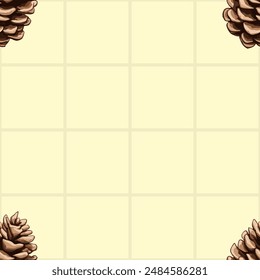 Seamless vector pattern with pine cones and fir branches on yellow background, winter holiday design