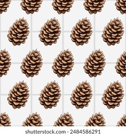 Seamless vector pattern with pine cones and fir branches on yellow background, winter holiday design