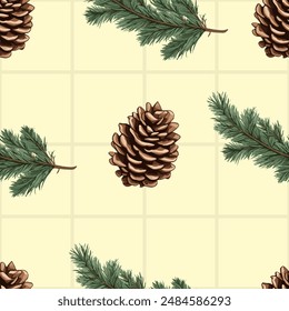 Seamless vector pattern with pine cones and fir branches on yellow background, winter holiday design