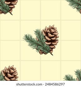 Seamless vector pattern with pine cones and fir branches on yellow background, winter holiday design