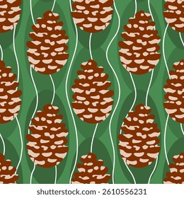 Seamless vector pattern with pine cones on green background, simple flat winter print, traditional forest nature seasonal design for fabric textile packaging wallpaper wrapping, holiday, cristmas, new