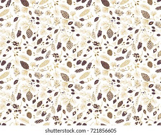 Seamless vector  pattern with pine cones and seeds on white background
